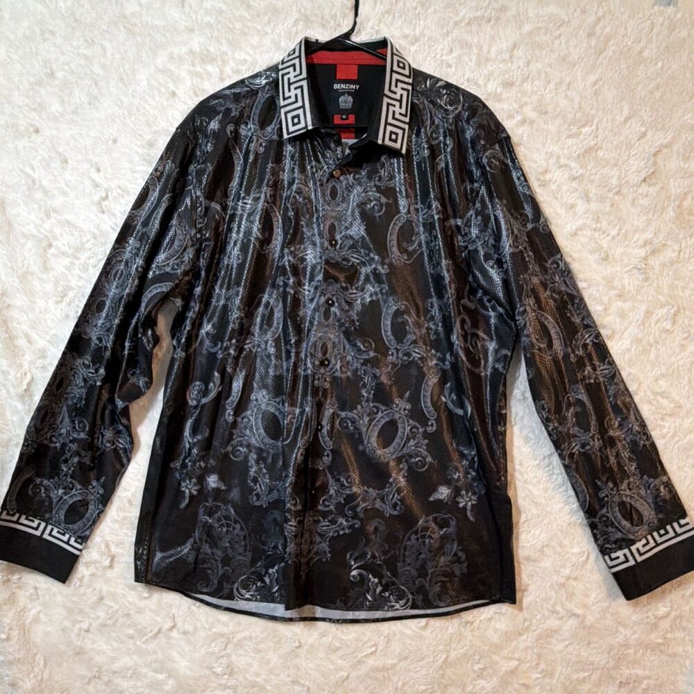 Benziny Collection Men’s XL Black Baroque Paisley Long Sleeve Button-Up Shirt